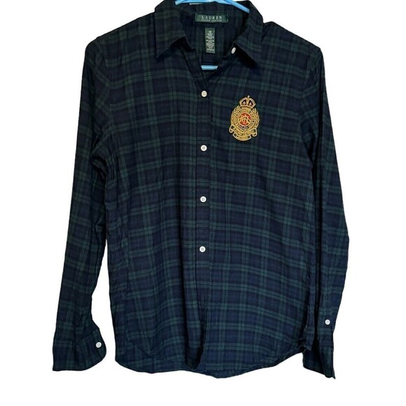 Lauren Ralph Lauren Womans Blue Plaid Flannel Shirt Large Emblem Crest Patch XS - Picture 1 of 8